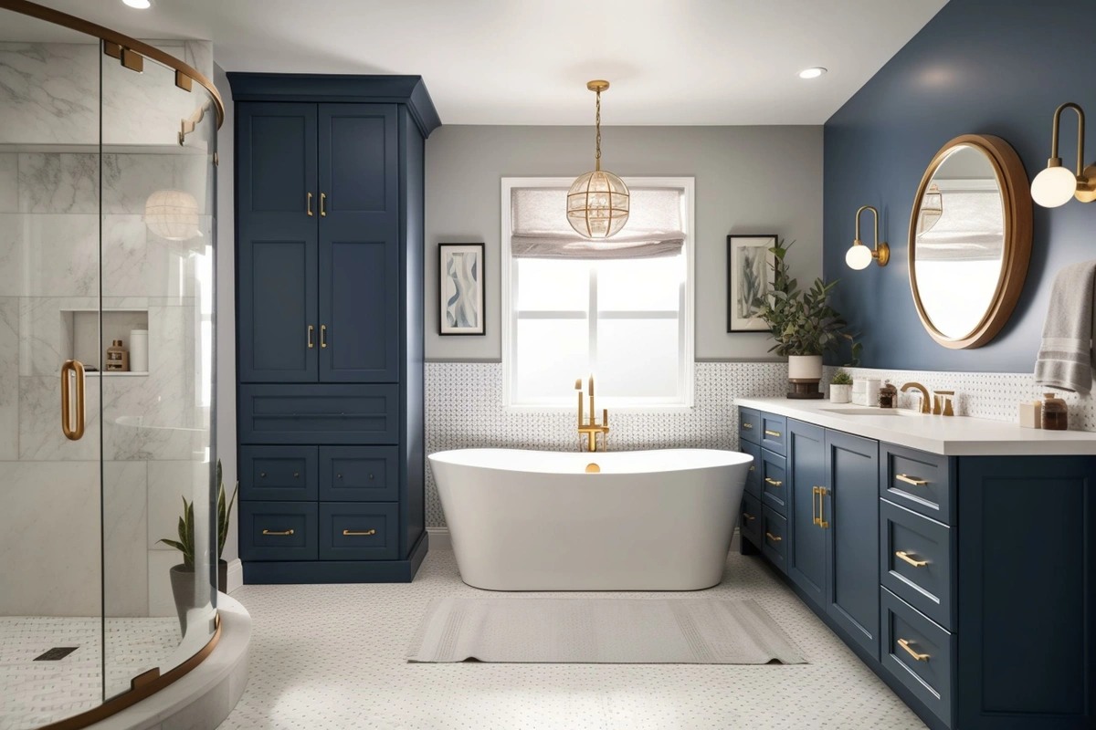bright bathroom with navy cabinets