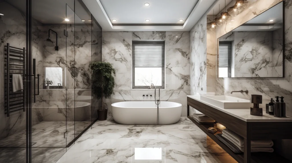 dark bathroom with marble floors