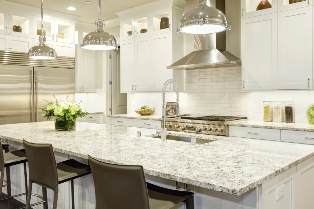 granite kitchen island and light features