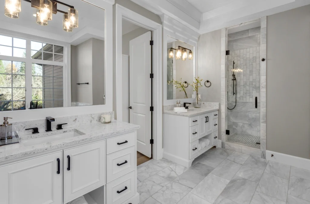 white bathroom cabinets and marble floor