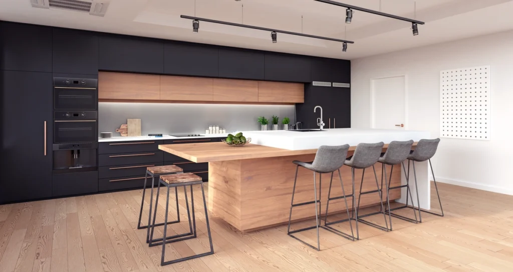black and wood colors in the kitchen design